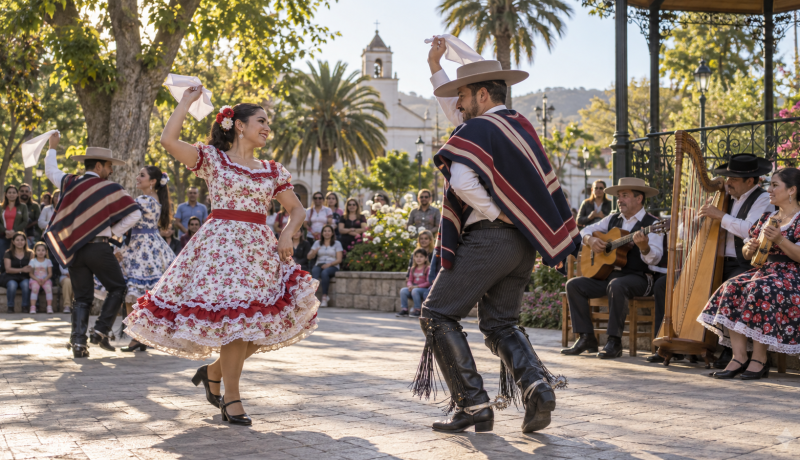 Parejas adultas bailan cueca junto a músicos y familias reunidas en una plaza