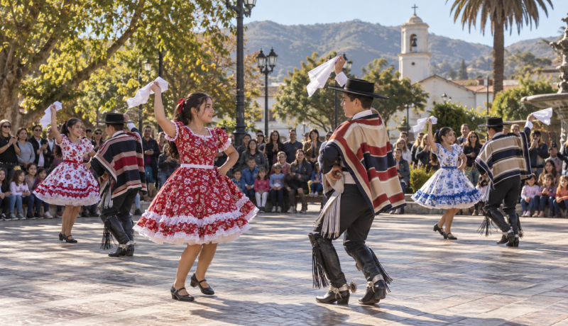 Estudiantes presentan un baile de cueca ante familias reunidas en una plaza