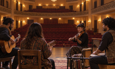 Ensamble acústico ensaya en el escenario de un teatro antes de una presentación