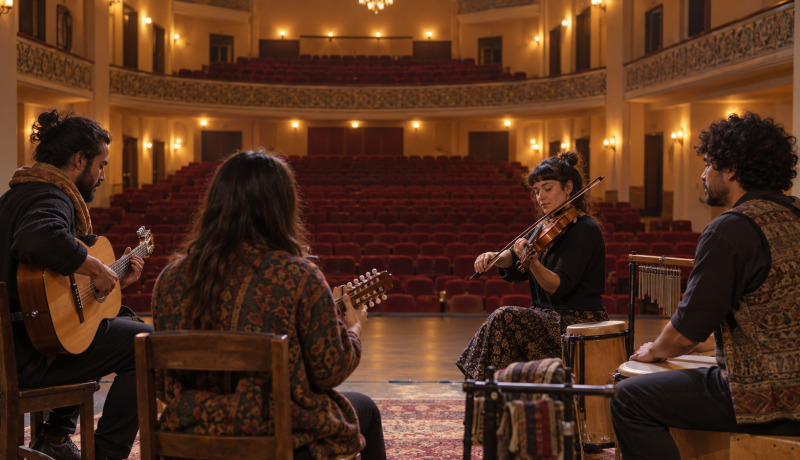 Ensamble acústico ensaya en el escenario de un teatro antes de una presentación
