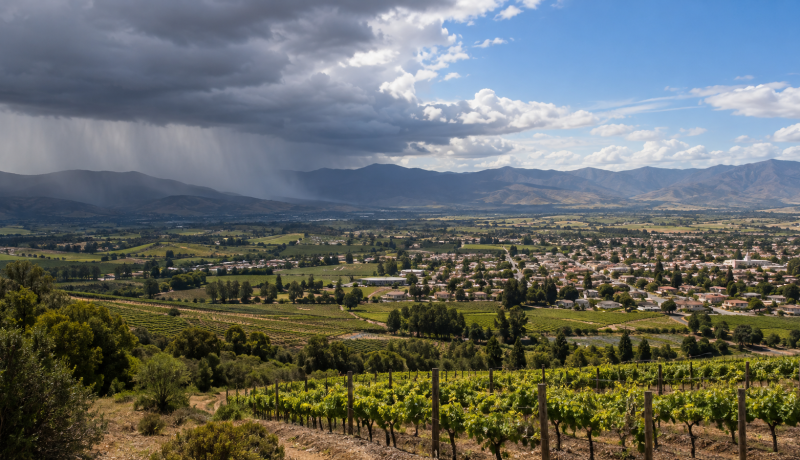 Nubes de lluvia avanzan sobre el valle de Casablanca mientras otro sector permanece despejado