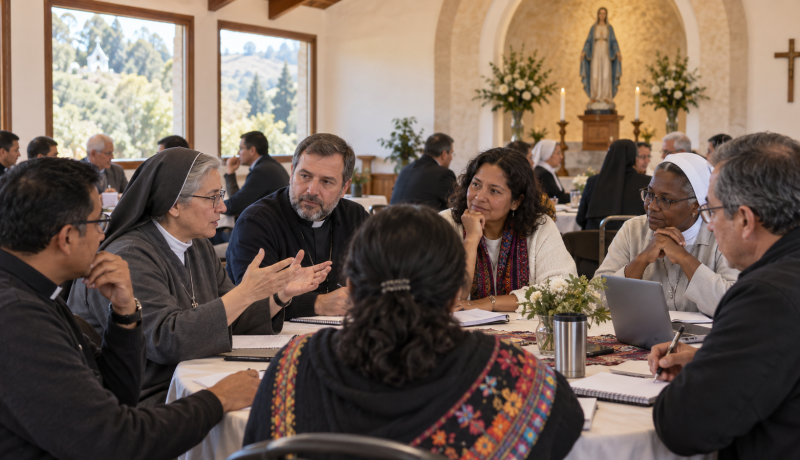 Delegaciones religiosas y laicas conversan alrededor de una mesa en un santuario