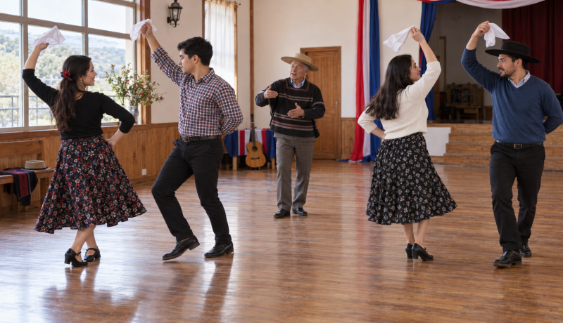 Dos parejas practican cueca mientras un instructor guía los pasos en un salón comunitario