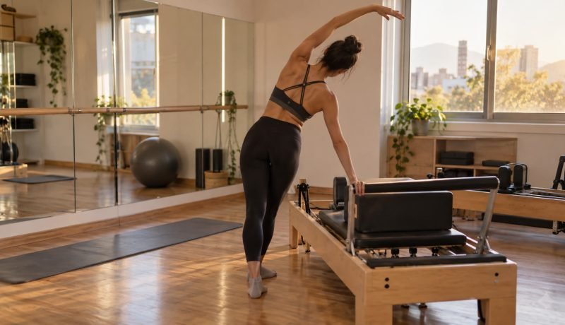 Joven practica movimiento corporal junto a una máquina Pilates Reformer en un estudio luminoso