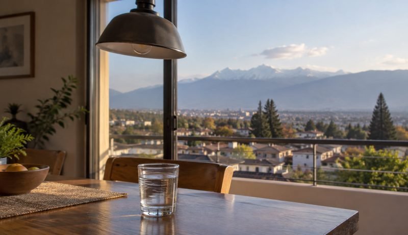 Vaso de agua con ondas suaves frente a una vista urbana y cordillerana de la zona central