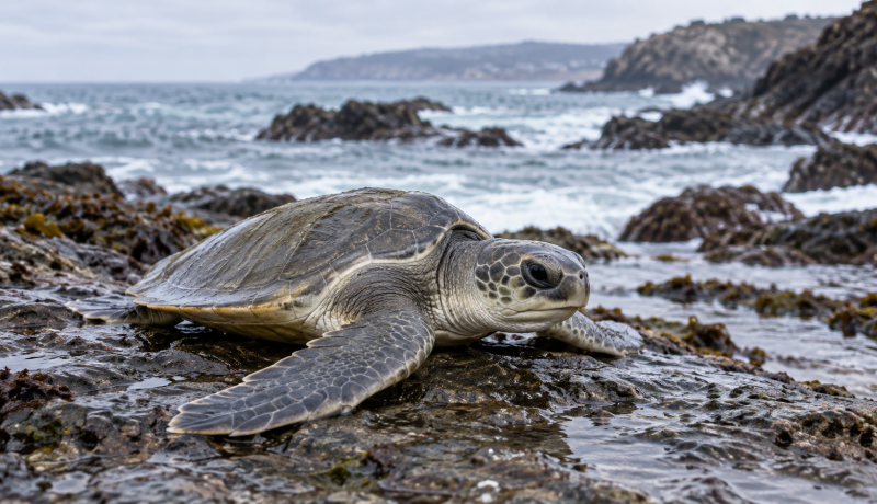 Tortuga olivácea juvenil sobre rocas del litoral central de Chile