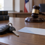 Licencia de conducir genérica y llaves frente a un mazo judicial