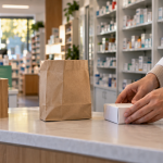 Profesional prepara un pedido en el mostrador de una farmacia de barrio