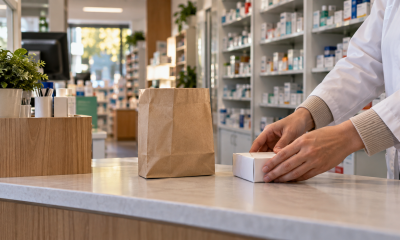 Profesional prepara un pedido en el mostrador de una farmacia de barrio