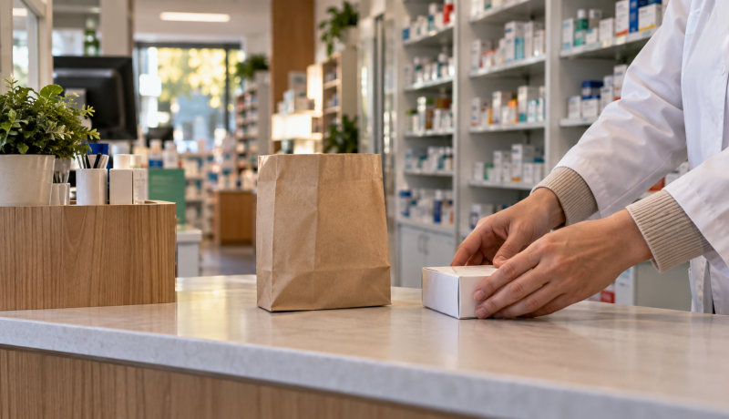 Profesional prepara un pedido en el mostrador de una farmacia de barrio