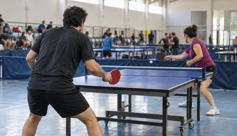 Jugadores adultos compiten en un encuentro de tenis de mesa en un gimnasio