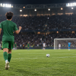Futbolista juvenil de uniforme verde vuelve al centro de la cancha en un estadio nocturno