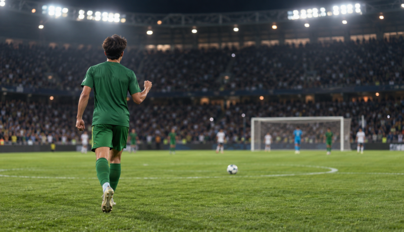 Futbolista juvenil de uniforme verde vuelve al centro de la cancha en un estadio nocturno