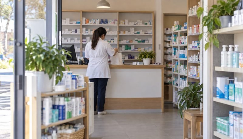 Profesional prepara un pedido en el mostrador de una farmacia de barrio