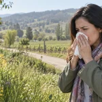 Mujer con síntomas de alergia junto a vegetación primaveral en el valle de Casablanca