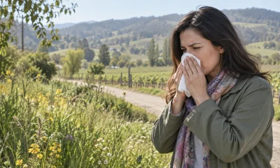 Mujer con síntomas de alergia junto a vegetación primaveral en el valle de Casablanca