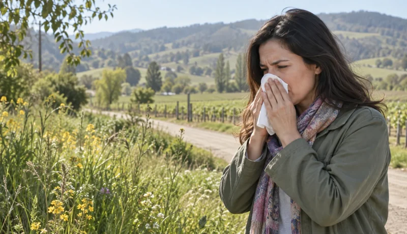 Mujer con síntomas de alergia junto a vegetación primaveral en el valle de Casablanca