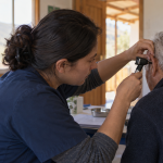 Profesional de salud realiza una evaluación auditiva a una persona mayor en un centro comunitario