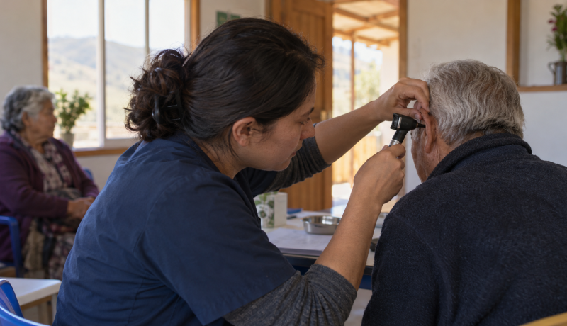 Profesional de salud realiza una evaluación auditiva a una persona mayor en un centro comunitario