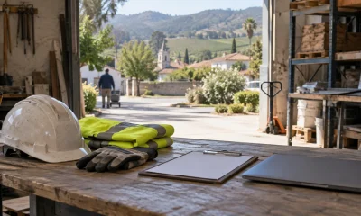 Elementos de trabajo de logística, carpintería, salud y construcción frente al valle de Casablanca