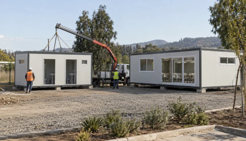 Instalación de módulos prefabricados para baños y comedor en un recinto de Casablanca