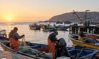 Pescadores artesanales preparan redes y motores en una caleta de la costa central de Chile