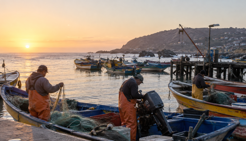 Pescadores artesanales preparan redes y motores en una caleta de la costa central de Chile