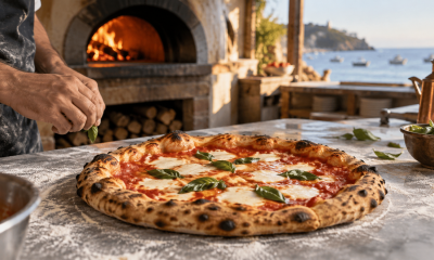 Pizza napolitana recién horneada frente a un horno de leña en una imagen editorial original