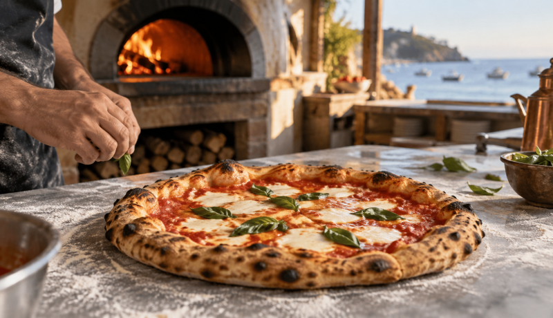 Pizza napolitana recién horneada frente a un horno de leña en una imagen editorial original