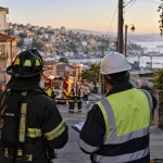 Bombero y técnico eléctrico coordinan una emergencia en una calle de Valparaíso en una imagen editorial referencial
