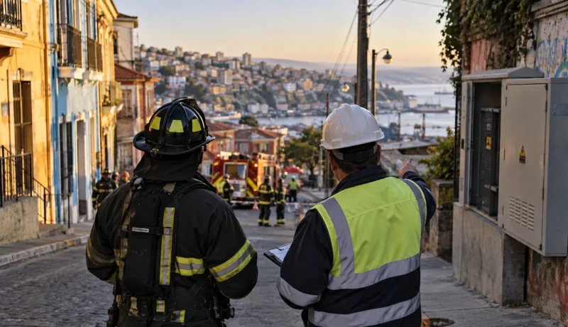 Bombero y técnico eléctrico coordinan una emergencia en una calle de Valparaíso en una imagen editorial referencial
