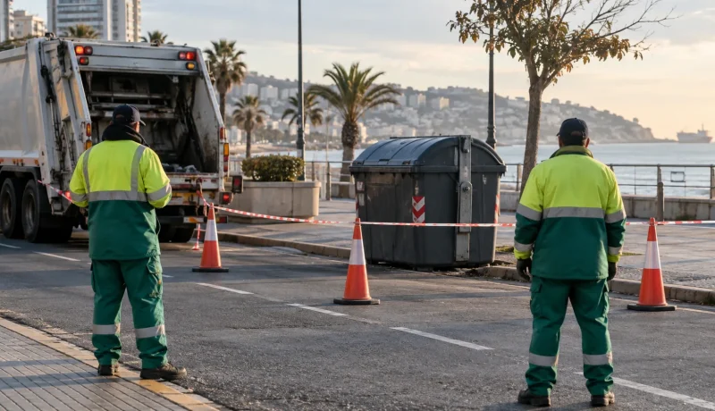 Recolectores de residuos observan un perímetro de seguridad junto a un contenedor en una imagen editorial referencial
