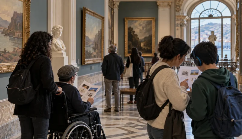 Visitantes utilizan materiales de orientación accesible en un museo en una imagen editorial referencial