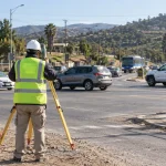 Equipo realiza mediciones en un cruce vial de un sector semi rural en una imagen editorial referencial