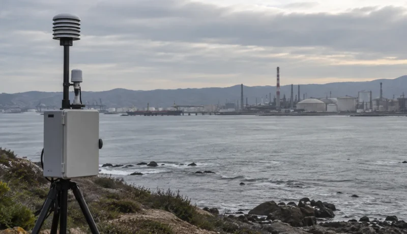 Equipo de monitoreo de calidad del aire frente a una bahía industrial en una imagen editorial referencial