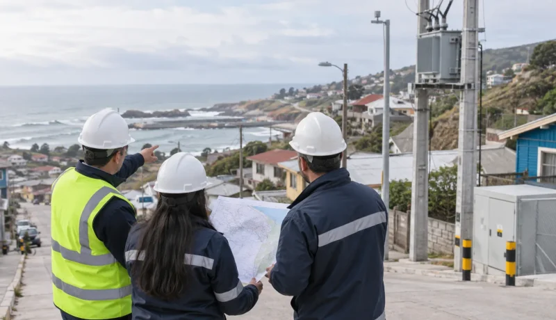Equipo técnico municipal revisa infraestructura eléctrica en una localidad costera en una imagen editorial referencial