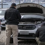 Inspectores revisan vehículos en un recinto seguro en una imagen editorial referencial
