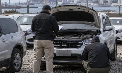 Inspectores revisan vehículos en un recinto seguro en una imagen editorial referencial