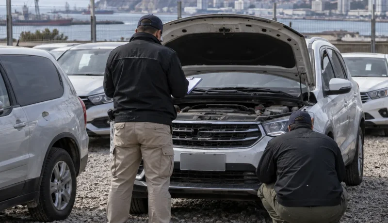 Inspectores revisan vehículos en un recinto seguro en una imagen editorial referencial