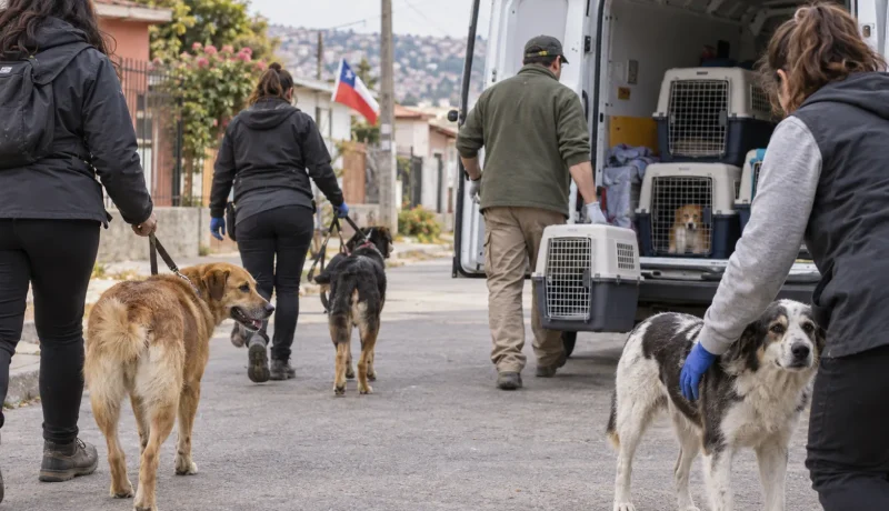 Voluntarios trasladan perros de forma segura durante un operativo de rescate en una imagen editorial referencial