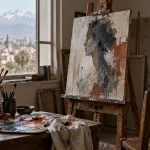 Taller de pintura con una obra figurativa sobre un caballete en una imagen editorial referencial