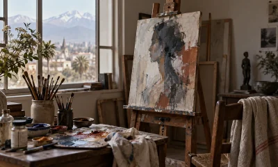 Taller de pintura con una obra figurativa sobre un caballete en una imagen editorial referencial