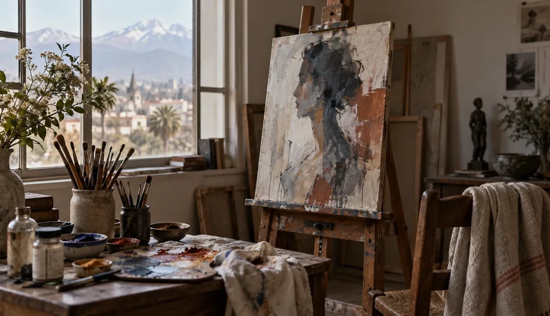 Taller de pintura con una obra figurativa sobre un caballete en una imagen editorial referencial
