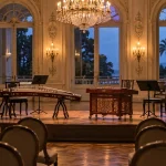 Instrumentos tradicionales chinos preparados para un concierto en un salón patrimonial en una imagen editorial referencial