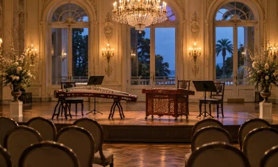 Instrumentos tradicionales chinos preparados para un concierto en un salón patrimonial en una imagen editorial referencial