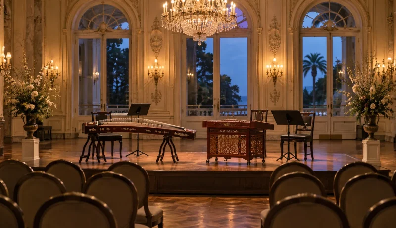 Instrumentos tradicionales chinos preparados para un concierto en un salón patrimonial en una imagen editorial referencial