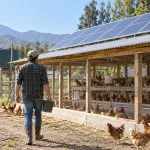 Productor avícola camina junto a un gallinero equipado con paneles solares en una imagen editorial referencial