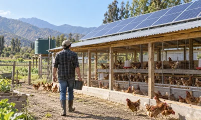 Productor avícola camina junto a un gallinero equipado con paneles solares en una imagen editorial referencial