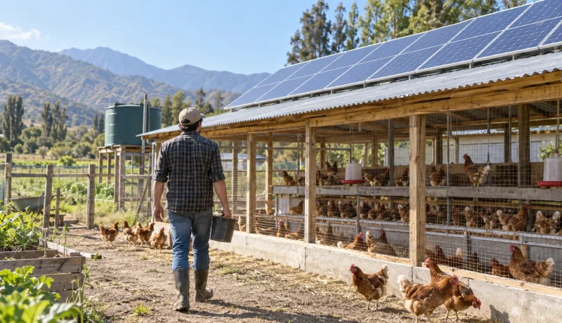 Productor avícola camina junto a un gallinero equipado con paneles solares en una imagen editorial referencial