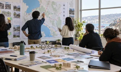 Equipo técnico trabaja con mapas y modelos de movilidad urbana en una imagen editorial referencial